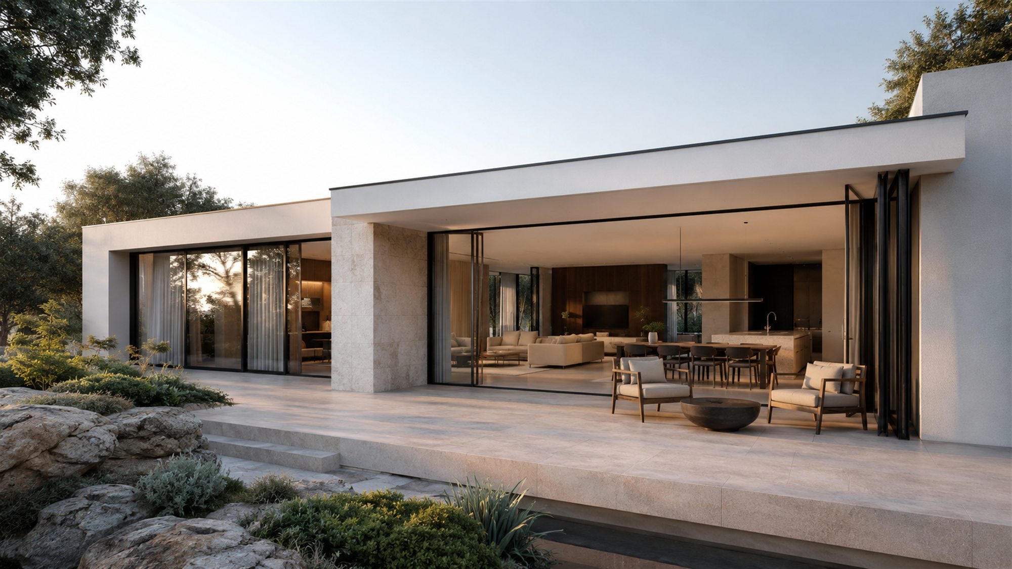 A Pacific Modular home nestled among native gum trees at golden hour