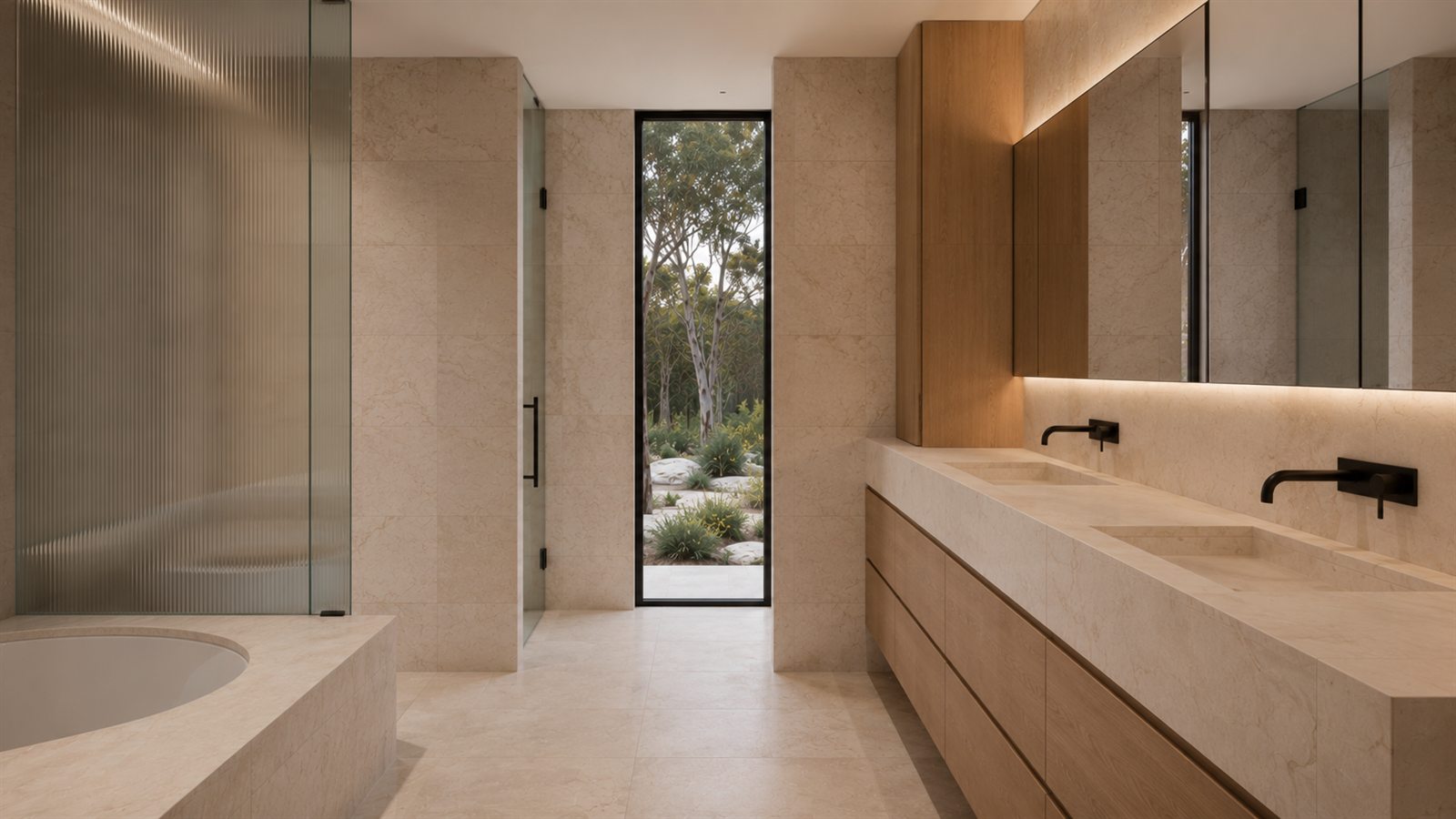 Headland House — bathroom with natural stone and a view to native trees