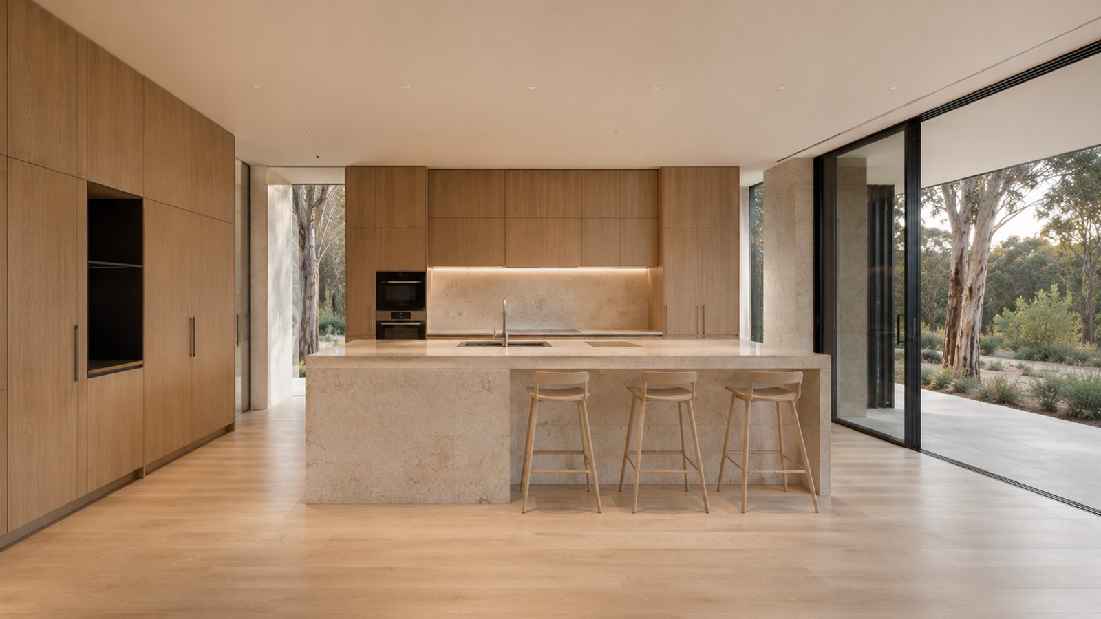 Nlargan Ridge — open-plan kitchen with natural timber and stone