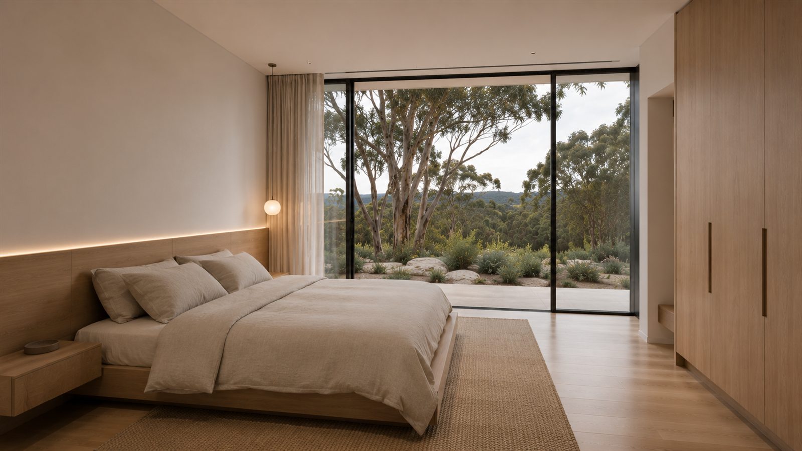Redgum Studio — bedroom opening onto native gum trees